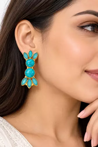  freshwater pearls jewellery turquoise stone gold-toned floral drop earrings for women