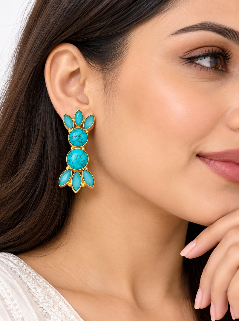  freshwater pearls jewellery turquoise stone gold-toned floral drop earrings for women
