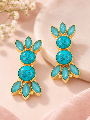  freshwater pearls jewellery turquoise stone gold-toned floral drop earrings for women 2