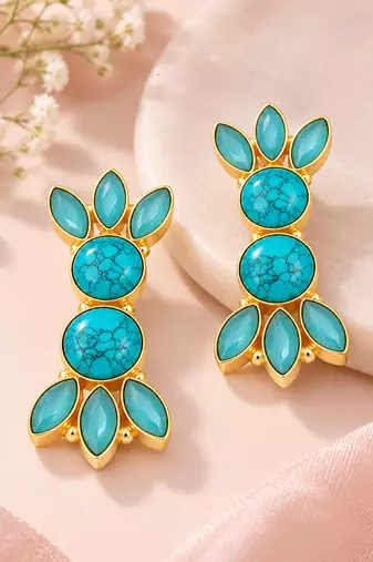  freshwater pearls jewellery turquoise stone gold-toned floral drop earrings for women