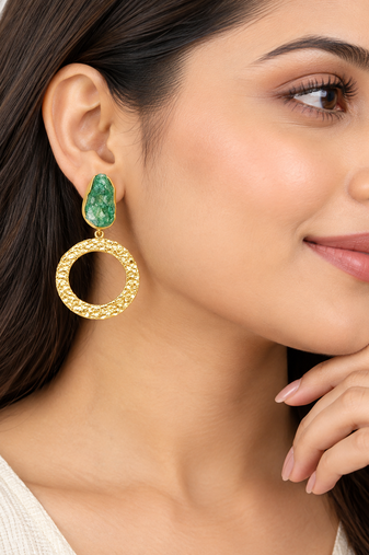 freshwater pearls jewellery green druzy stone gold-toned circular hoop drop earrings