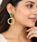 freshwater pearls jewellery green druzy stone gold-toned circular hoop drop earrings