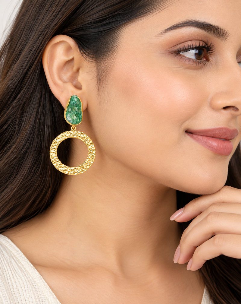freshwater pearls jewellery green druzy stone gold-toned circular hoop drop earrings