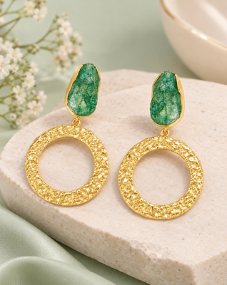 freshwater pearls jewellery green druzy stone gold-toned circular hoop drop earrings 2