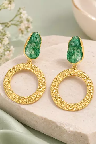 freshwater pearls jewellery green druzy stone gold-toned circular hoop drop earrings
