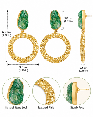 freshwater pearls jewellery green druzy stone gold-toned circular hoop drop earrings 3