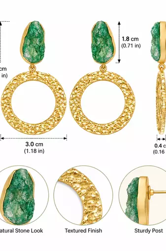 freshwater pearls jewellery green druzy stone gold-toned circular hoop drop earrings