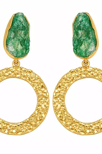 freshwater pearls jewellery green druzy stone gold-toned circular hoop drop earrings