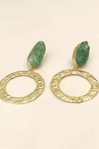 freshwater pearls jewellery green druzy stone gold-toned circular hoop drop earrings