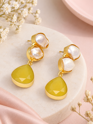 freshwater pearls jewellery baroque pearl & yellow chalcedony teardrop gold-toned drop earrings 2