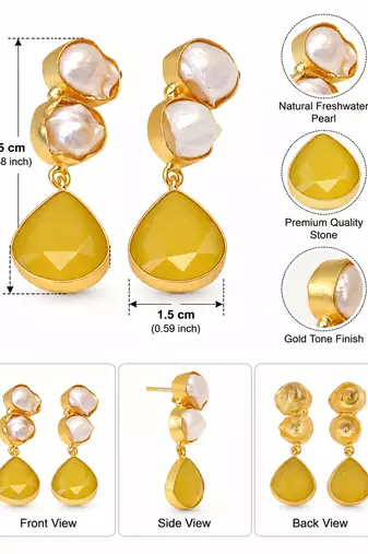 freshwater pearls jewellery baroque pearl & yellow chalcedony teardrop gold-toned drop earrings
