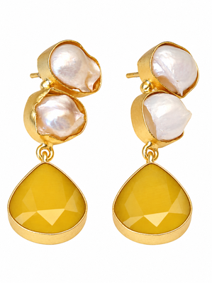 freshwater pearls jewellery baroque pearl & yellow chalcedony teardrop gold-toned drop earrings 4