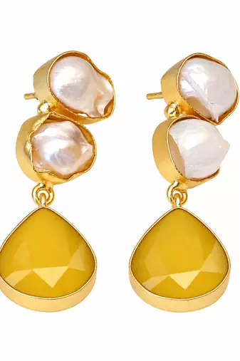 freshwater pearls jewellery baroque pearl & yellow chalcedony teardrop gold-toned drop earrings