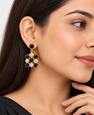 freshwater pearls jewellery black onyx & crystal drop earrings in gold-tone setting 1