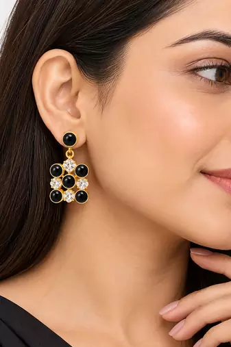 freshwater pearls jewellery black onyx & crystal drop earrings in gold-tone setting