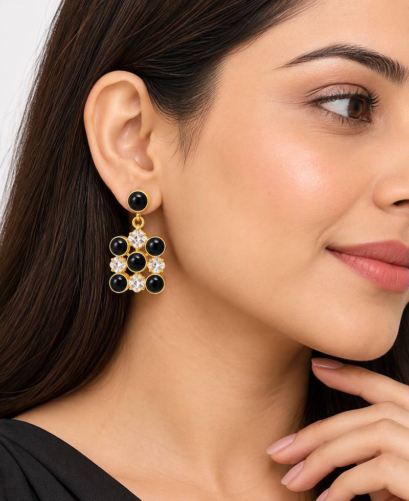 freshwater pearls jewellery black onyx & crystal drop earrings in gold-tone setting