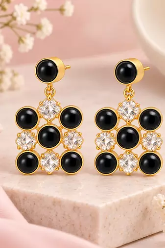 freshwater pearls jewellery black onyx & crystal drop earrings in gold-tone setting