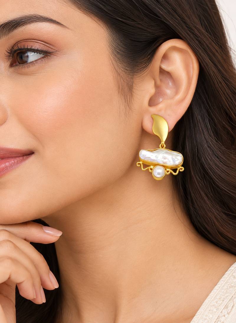 freshwater pearls jewellery baroque pearl drop earrings with gold-tone crescent stud