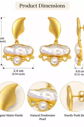 freshwater pearls jewellery baroque pearl drop earrings with gold-tone crescent stud