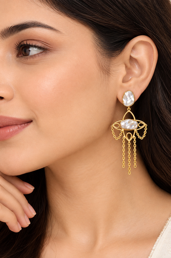 freshwater pearls jewellery mother of pearl gold-toned chandelier drop earrings with chain tassel