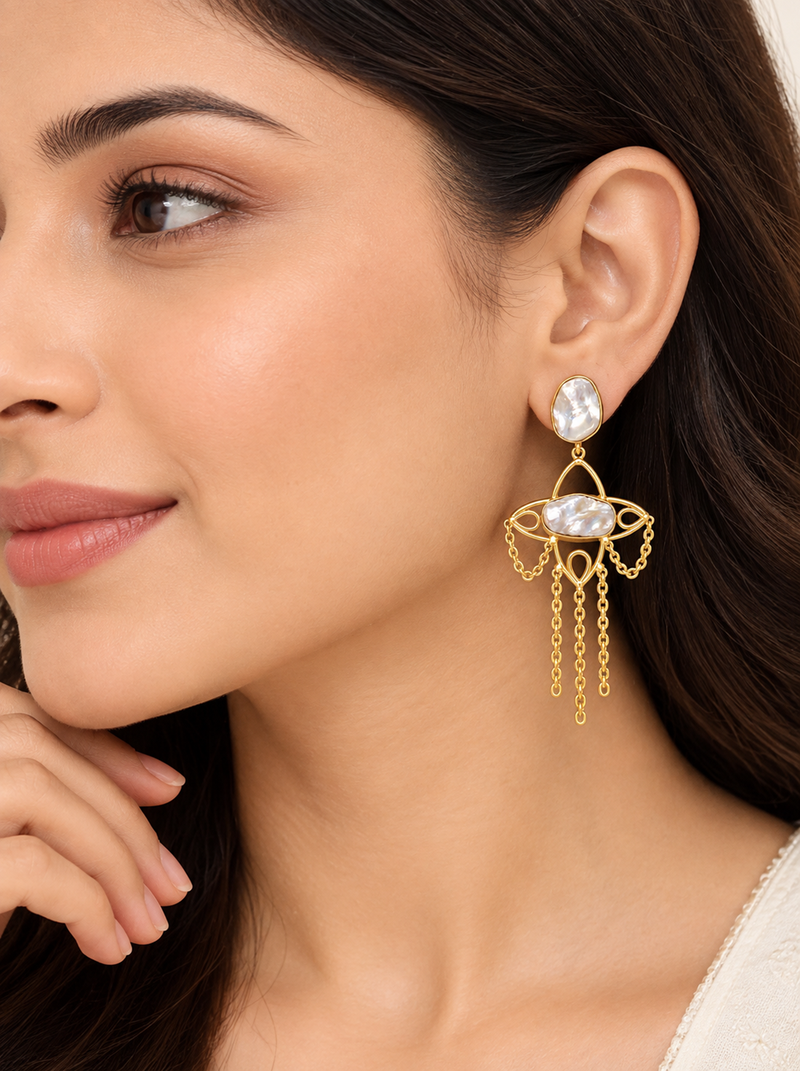 freshwater pearls jewellery mother of pearl gold-toned chandelier drop earrings with chain tassel