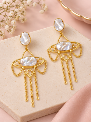 freshwater pearls jewellery mother of pearl gold-toned chandelier drop earrings with chain tassel 2