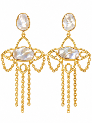 freshwater pearls jewellery mother of pearl gold-toned chandelier drop earrings with chain tassel 5