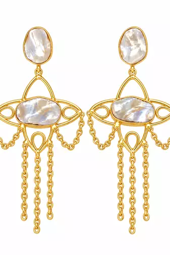 freshwater pearls jewellery mother of pearl gold-toned chandelier drop earrings with chain tassel