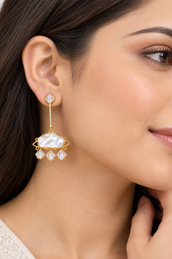 Certified natural freshwater pearls jewellery gold-plated mother of pearl drop earrings with cz danglers
