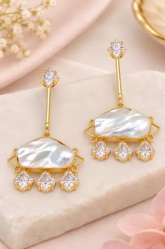 Certified natural freshwater pearls jewellery gold-plated mother of pearl drop earrings with cz danglers