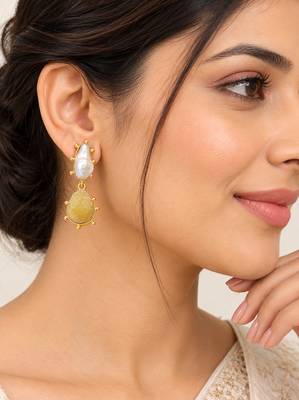 Certified natural freshwater pearls jewellery baroque pearl and yellow druzy stone drop earrings 1