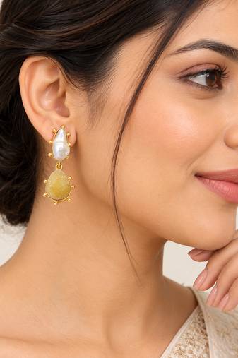 Certified natural freshwater pearls jewellery baroque pearl and yellow druzy stone drop earrings