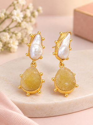 Certified natural freshwater pearls jewellery baroque pearl and yellow druzy stone drop earrings 2