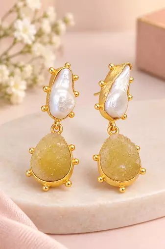 Certified natural freshwater pearls jewellery baroque pearl and yellow druzy stone drop earrings