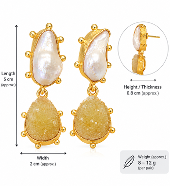 Certified natural freshwater pearls jewellery baroque pearl and yellow druzy stone drop earrings 3