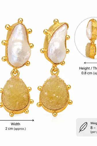 Certified natural freshwater pearls jewellery baroque pearl and yellow druzy stone drop earrings