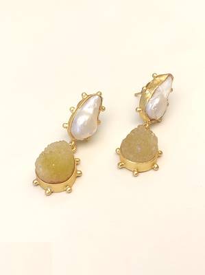 Certified natural freshwater pearls jewellery baroque pearl and yellow druzy stone drop earrings 4