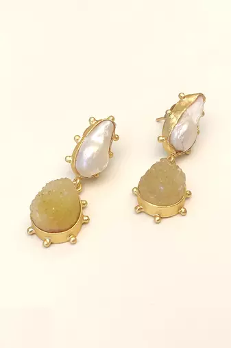Certified natural freshwater pearls jewellery baroque pearl and yellow druzy stone drop earrings