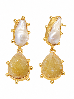 Certified natural freshwater pearls jewellery baroque pearl and yellow druzy stone drop earrings 5
