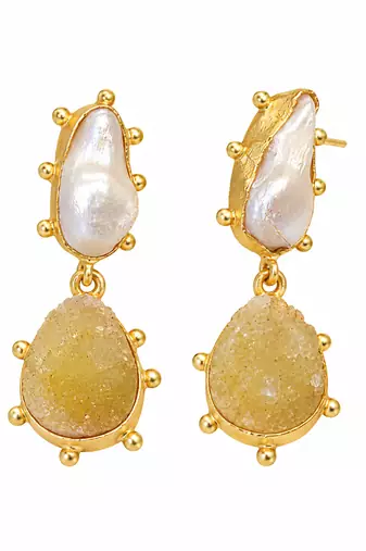 Certified natural freshwater pearls jewellery baroque pearl and yellow druzy stone drop earrings