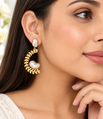 Certified natural freshwater pearls jewellery baroque pearl drop earrings with gold leaf wreath frame