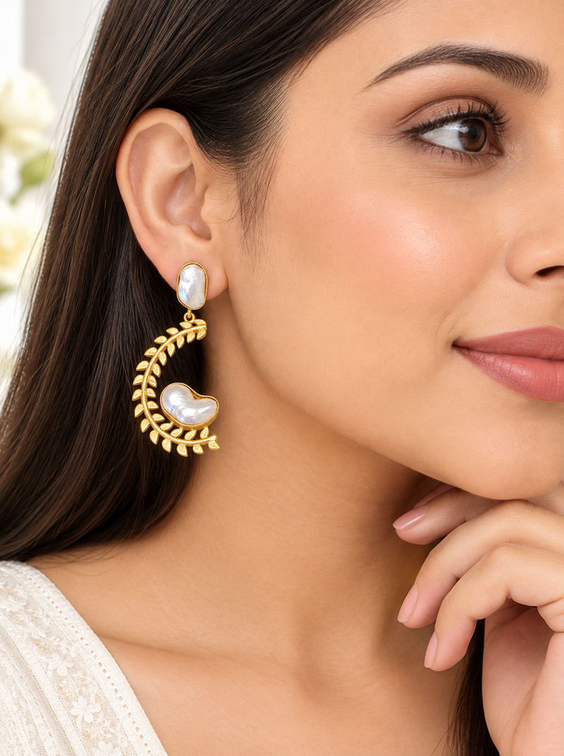 Certified natural freshwater pearls jewellery baroque pearl drop earrings with gold leaf wreath frame