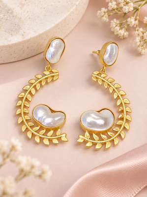 Certified natural freshwater pearls jewellery baroque pearl drop earrings with gold leaf wreath frame 2