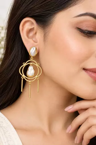 Certified natural freshwater pearls jewellery baroque pearl chandelier earrings with gold-tone rings