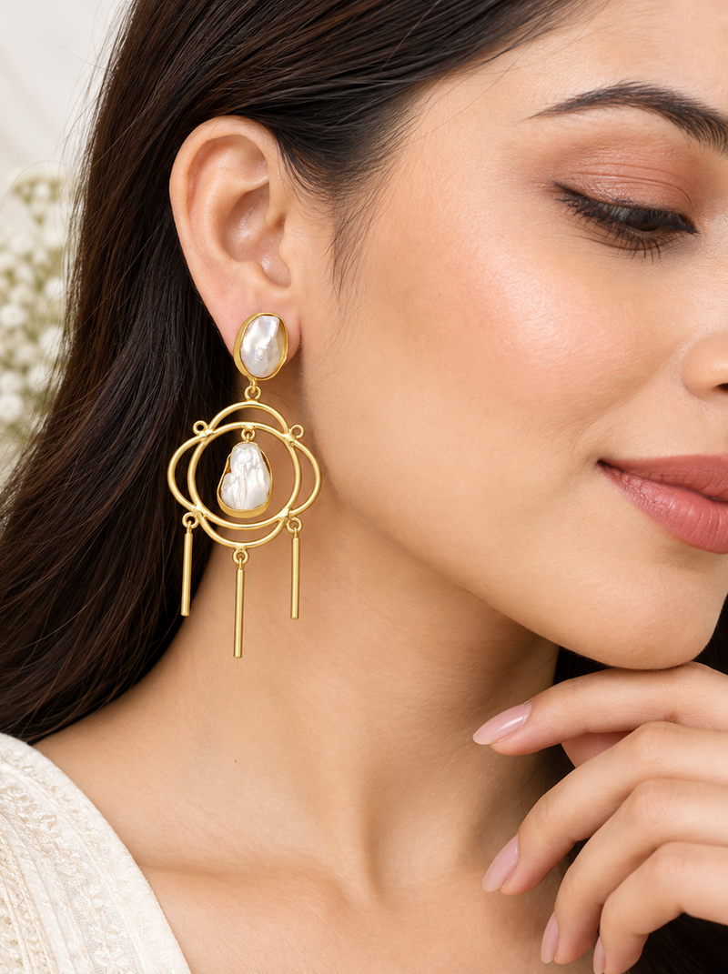 Certified natural freshwater pearls jewellery baroque pearl chandelier earrings with gold-tone rings
