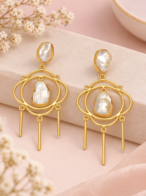 Certified natural freshwater pearls jewellery baroque pearl chandelier earrings with gold-tone rings 2