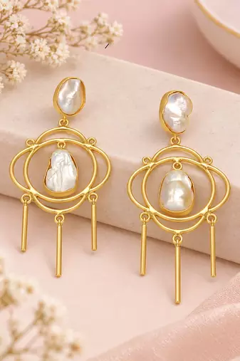 Certified natural freshwater pearls jewellery baroque pearl chandelier earrings with gold-tone rings