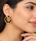 Certified natural freshwater pearls jewellery gold-toned circle stud earrings with black onyx stones
