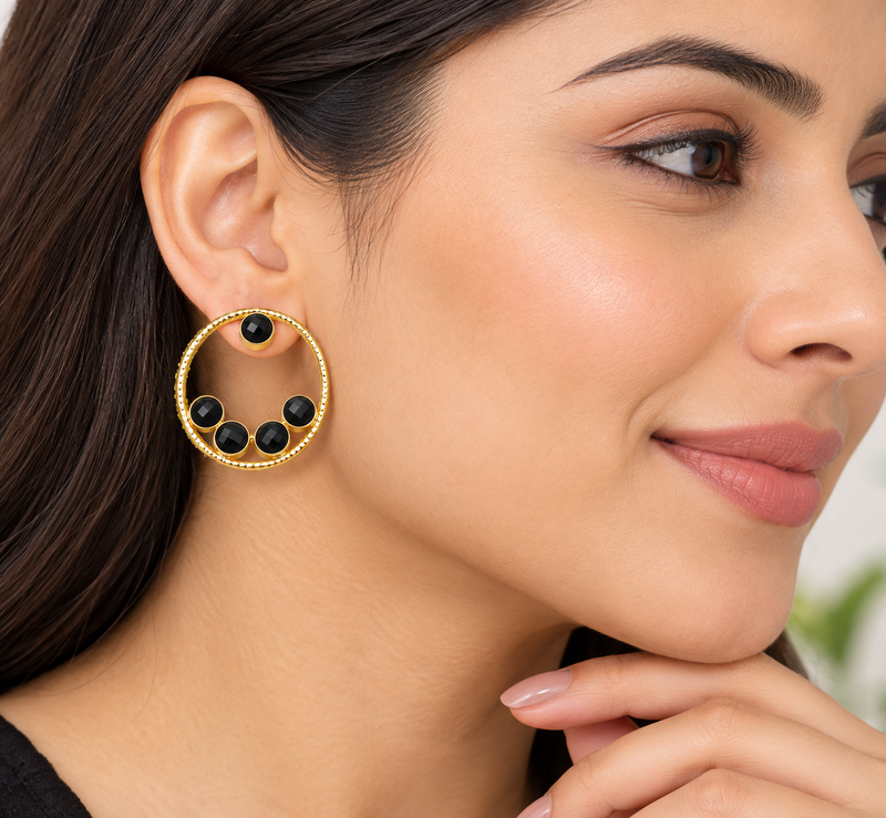 Certified natural freshwater pearls jewellery gold-toned circle stud earrings with black onyx stones