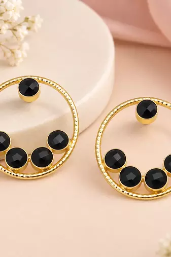 Certified natural freshwater pearls jewellery gold-toned circle stud earrings with black onyx stones